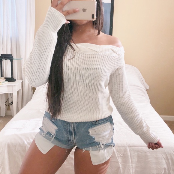 J.O.A. Sweaters - J.O.A. Braided off the shoulder ivory sweater